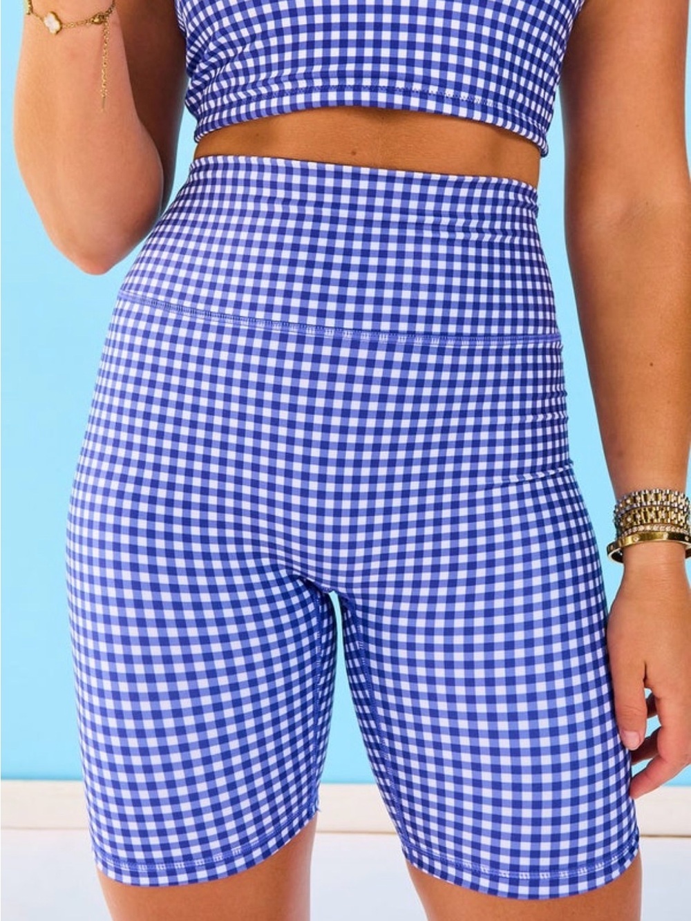 SSYS Blue Gingham High-Waist Biker Shorts